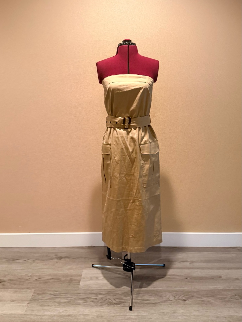 H&M Beige Strapless Belted Midi Dress